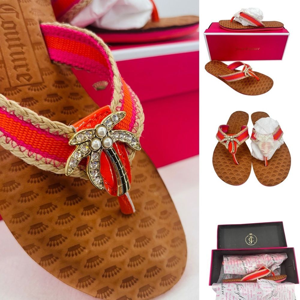 Juicy Couture Fay Thong Sandals Maderin Pop Palm Tree Rhinestones Sz. 7 NWT